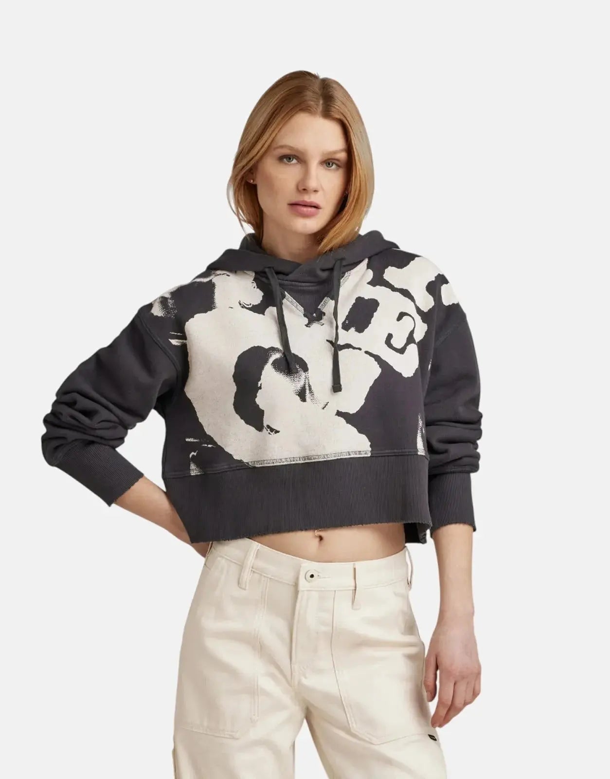 G-Star RAW Vintage Cropped Graphic Loose Hooded Grey Sweater - Subwear
