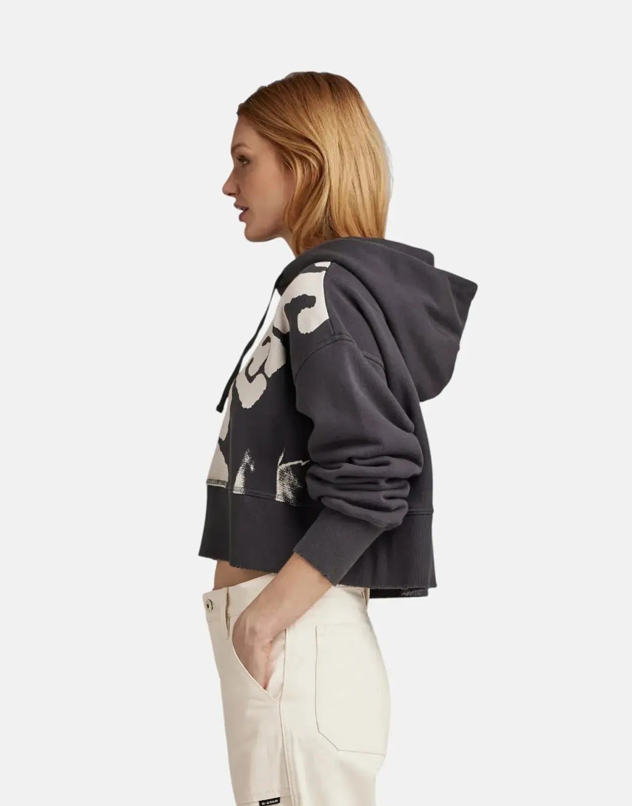 G-Star RAW Vintage Cropped Graphic Loose Hooded Grey Sweater - Subwear