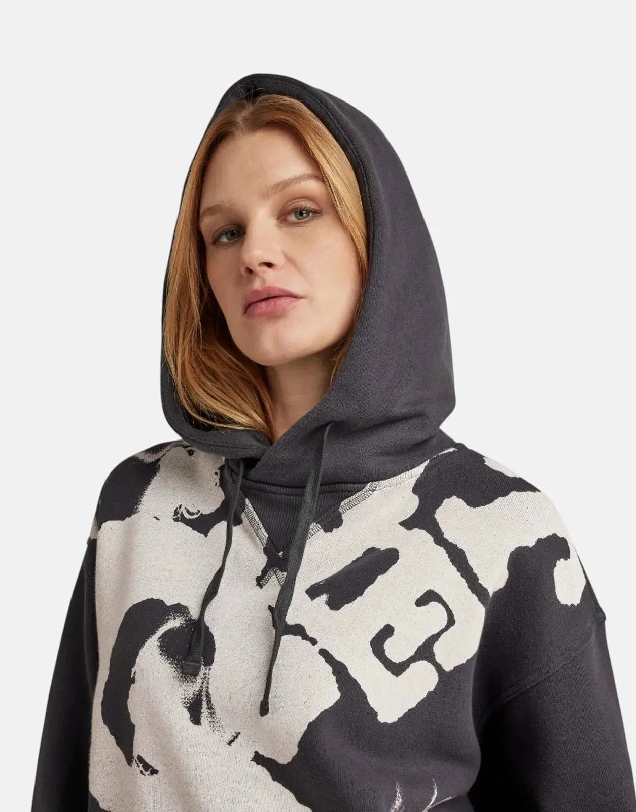 G-Star RAW Vintage Cropped Graphic Loose Hooded Grey Sweater - Subwear