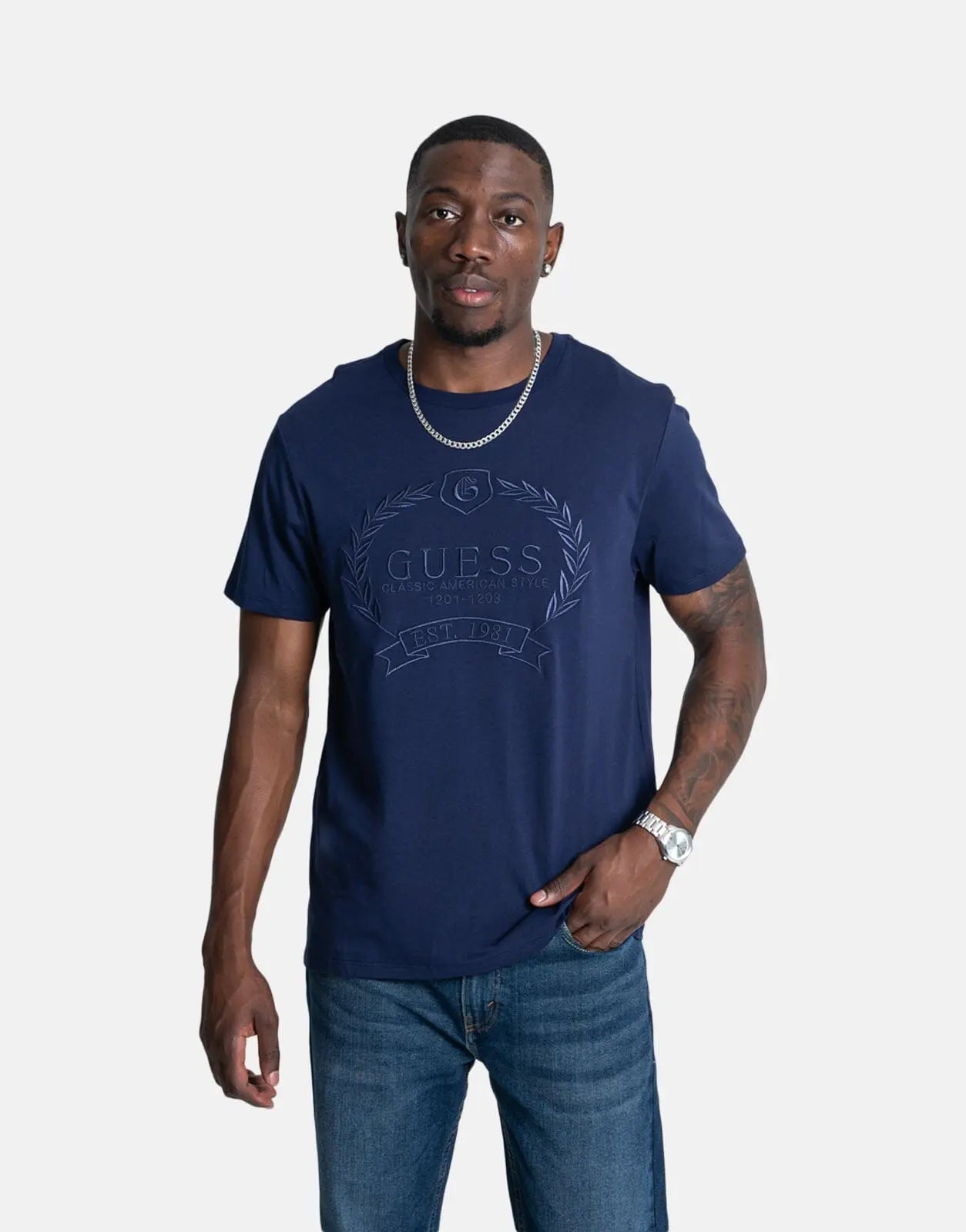 Guess Classic Crest Logo Dark Blue T-Shirt - Subwear