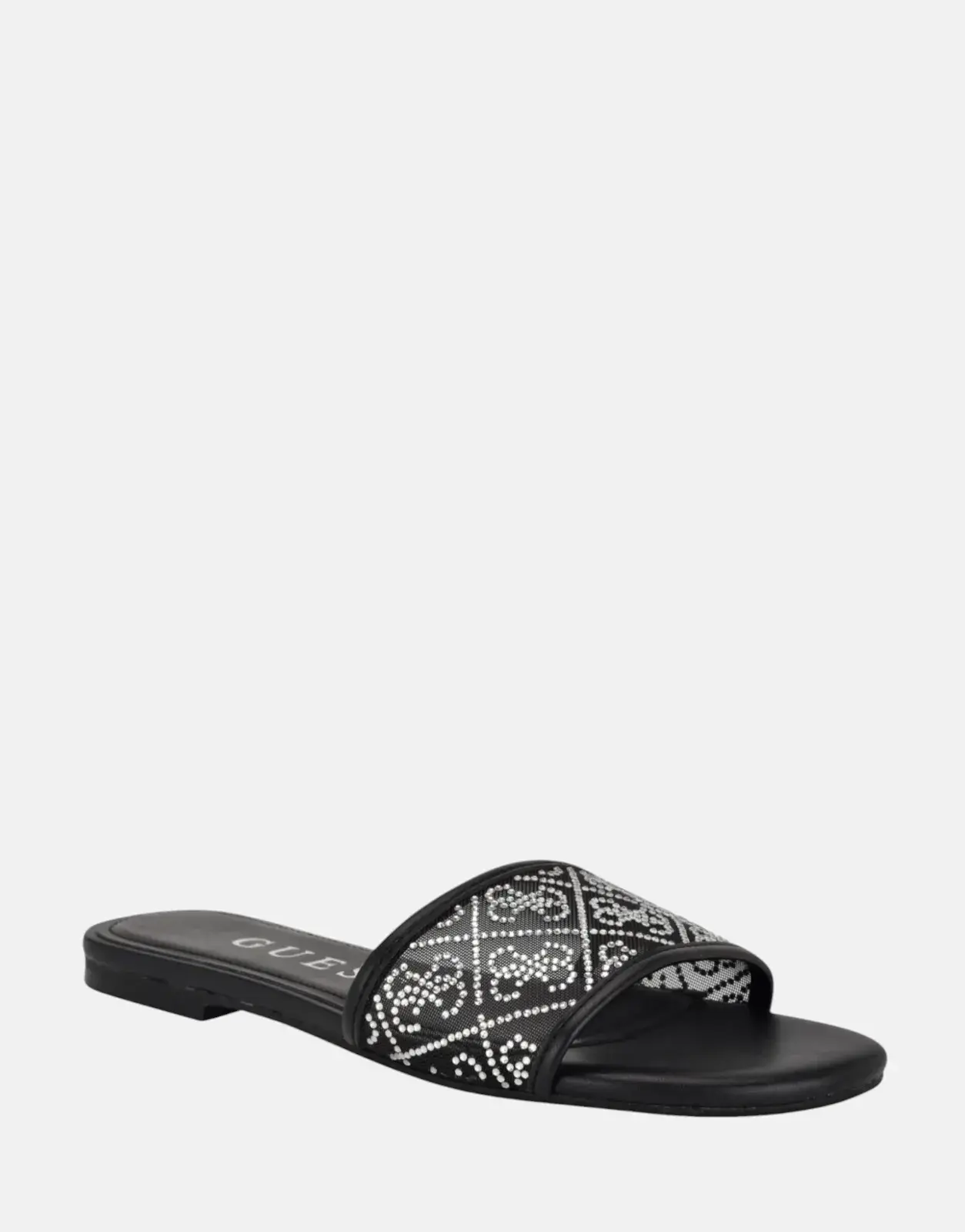 Guess Horaey sandal, black, side view, features adjustable ankle strap.