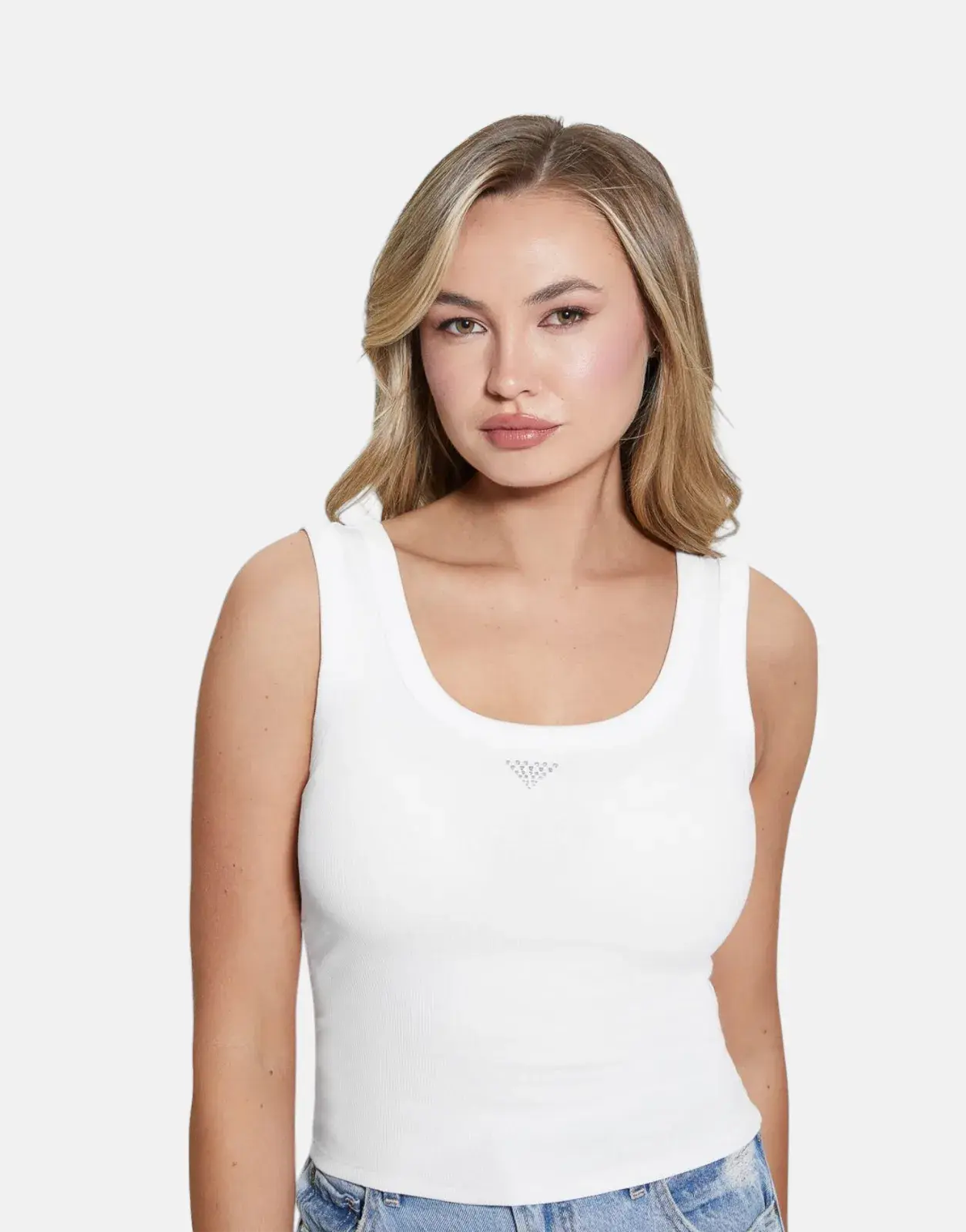 Guess Triangle Bling Rib White Tank Top - Subwear