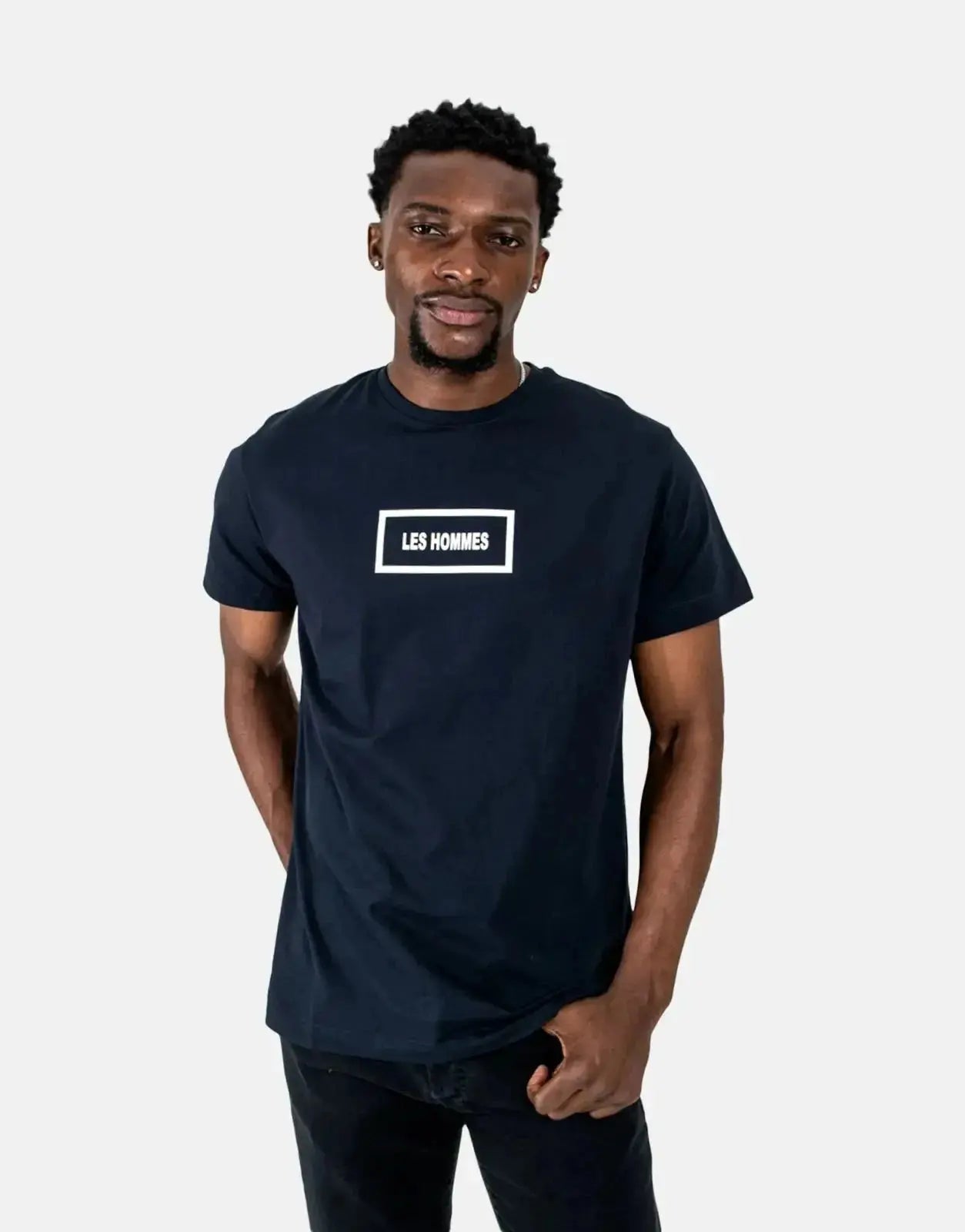 Les Hommes navy t-shirt with white box print, front view.