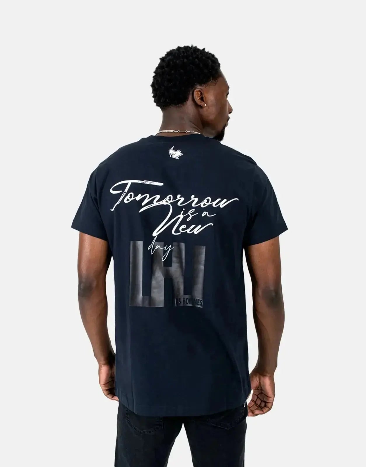 Les Hommes navy T-shirt, front view, with white box print logo, short sleeves.