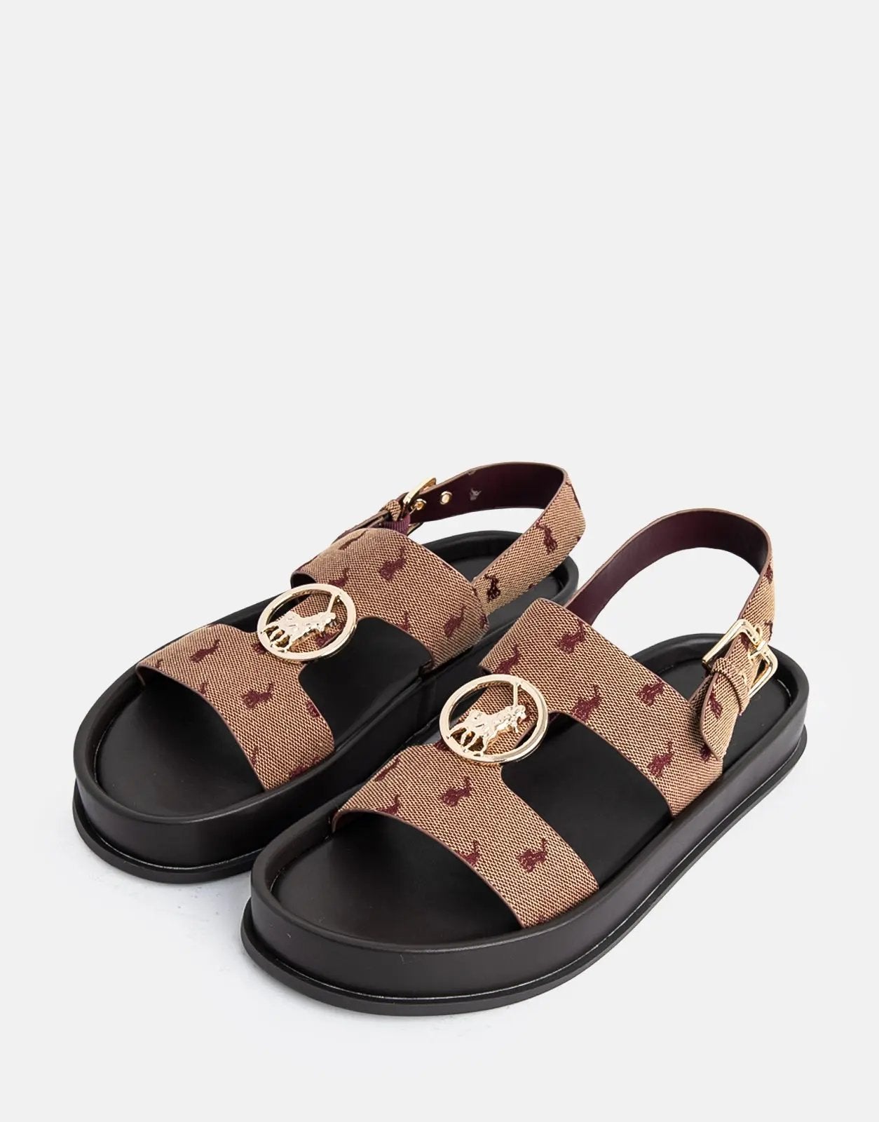 Polo molded unit trim sandal in burgundy jacquard with textured pattern.