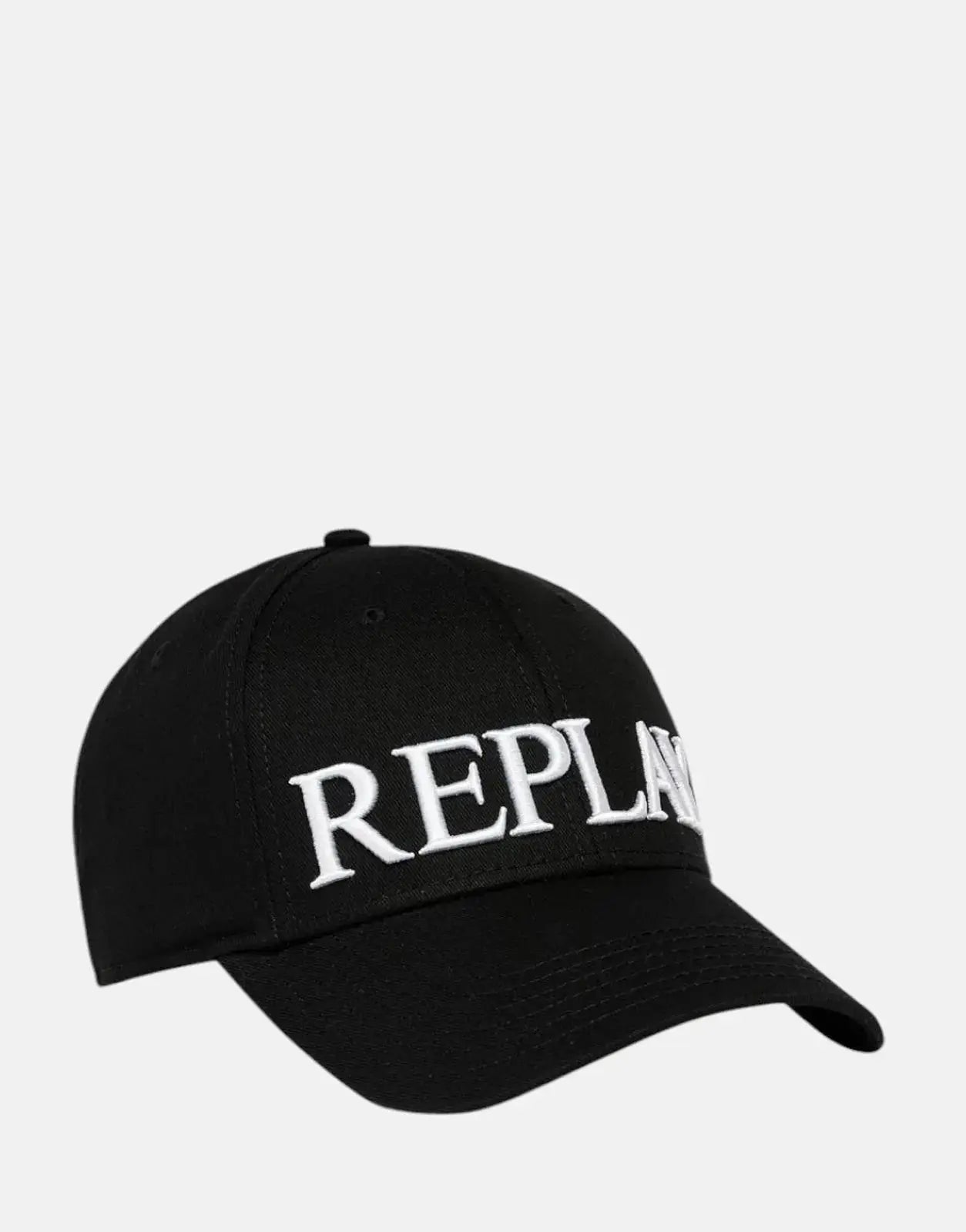 Replay black unisex cap, front view, featuring large white embroidery.