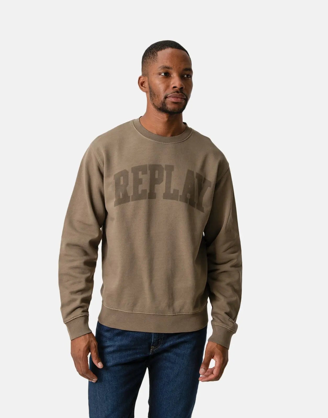 Replay Thick Logo Print Sweatshirt Stone Green - Subwear