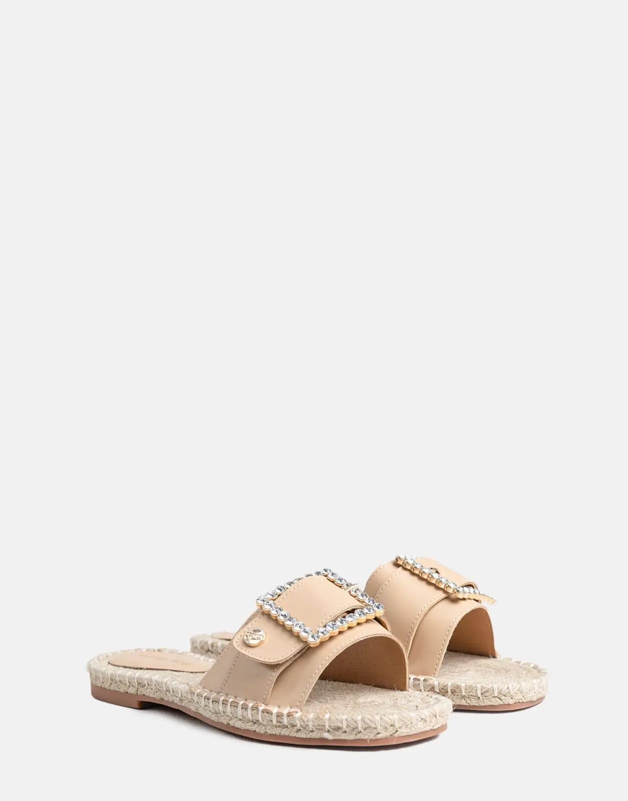 Sissy Boy Flat Espadrille Sandal Bling Buckle Beige - Subwear
