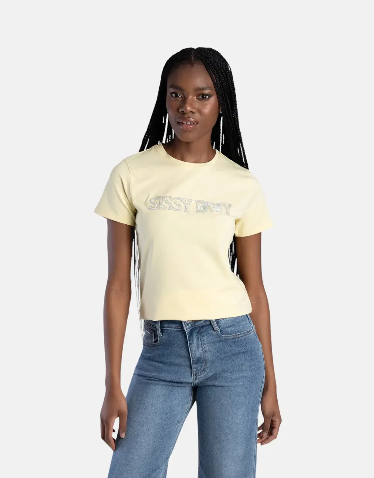 Sissy Boy Flower Embroidery Bling Logo Pale Yellow Top - Subwear