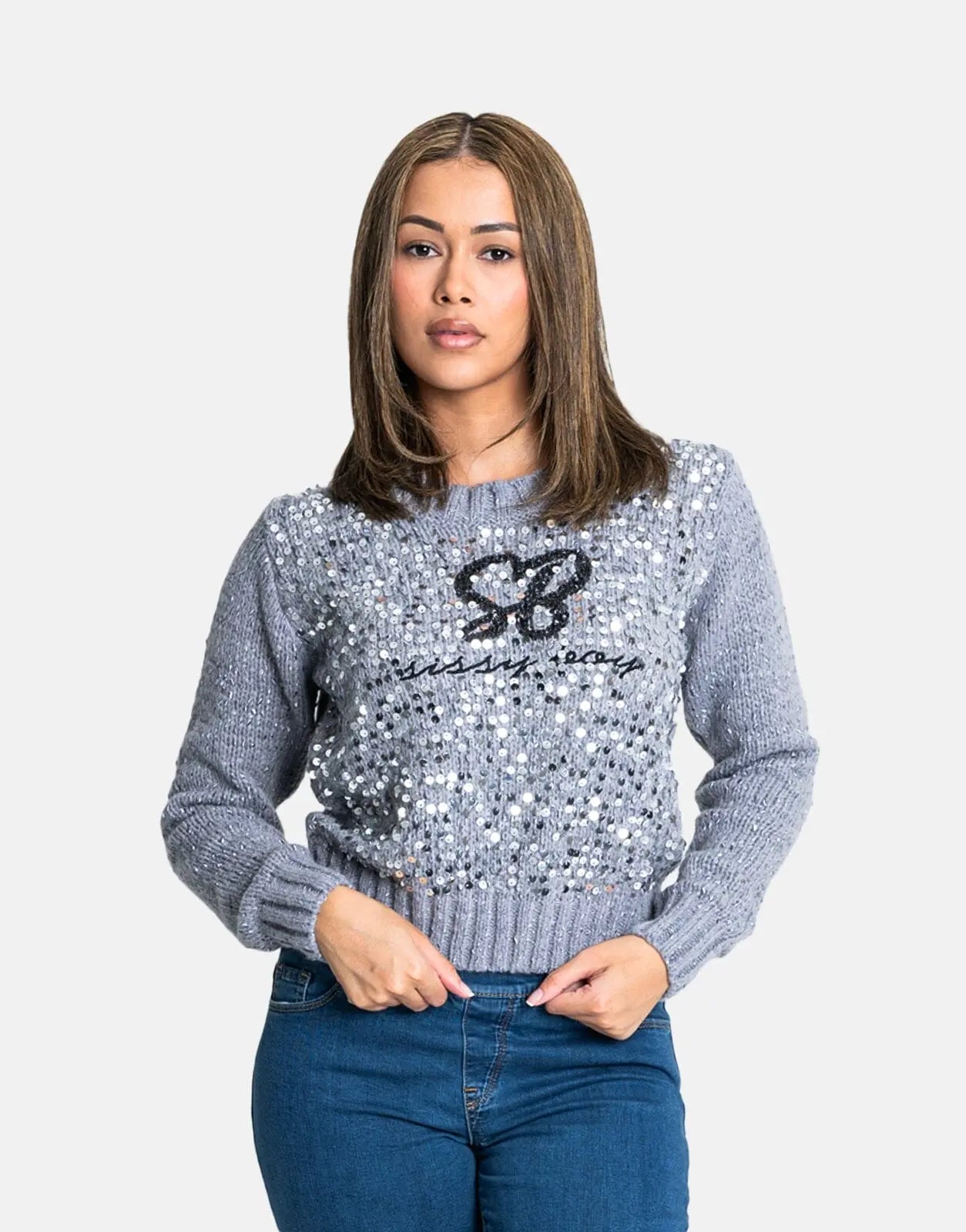 Sissy Boy Sequin Logo Knit Grey Melange Sweatshirt - Subwear