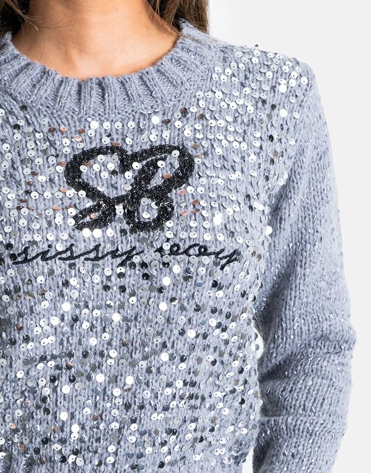 Sissy Boy Sequin Logo Knit Grey Melange Sweatshirt - Subwear