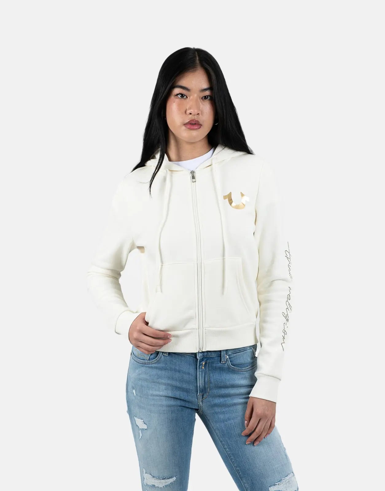 True Religion HS Script Zip Off White Hoodie - Subwear