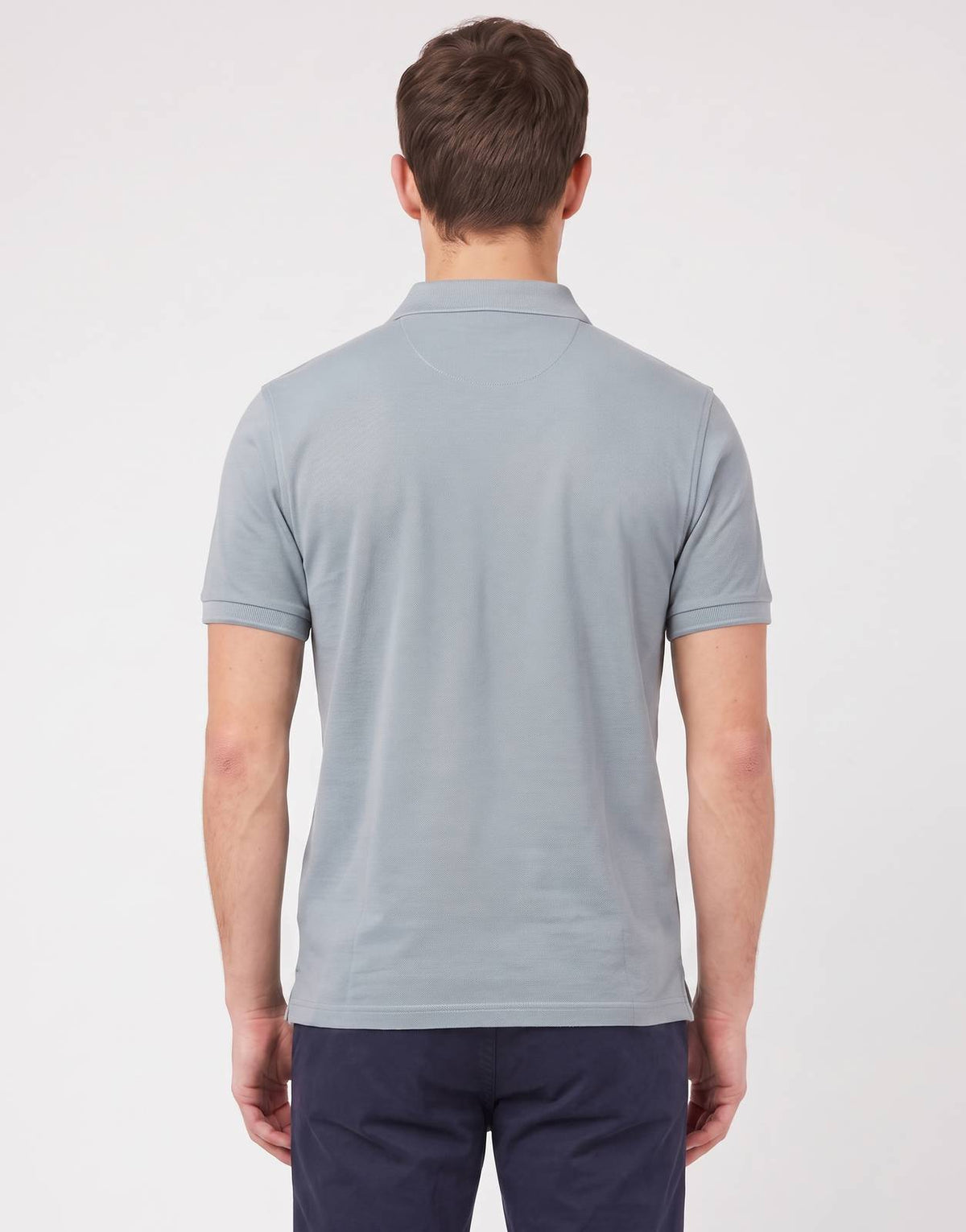 Ben Sherman Ben Polo shirt for men in a misty grey color, featuring short sleeves and a classic collar, shown from the back.