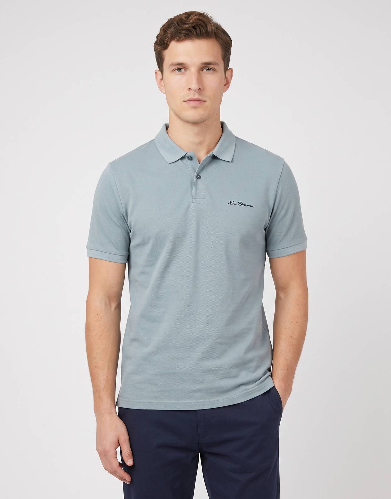 Front view of a Ben Sherman Ben Polo in misty grey, made of soft cotton fabric, worn by a male model.