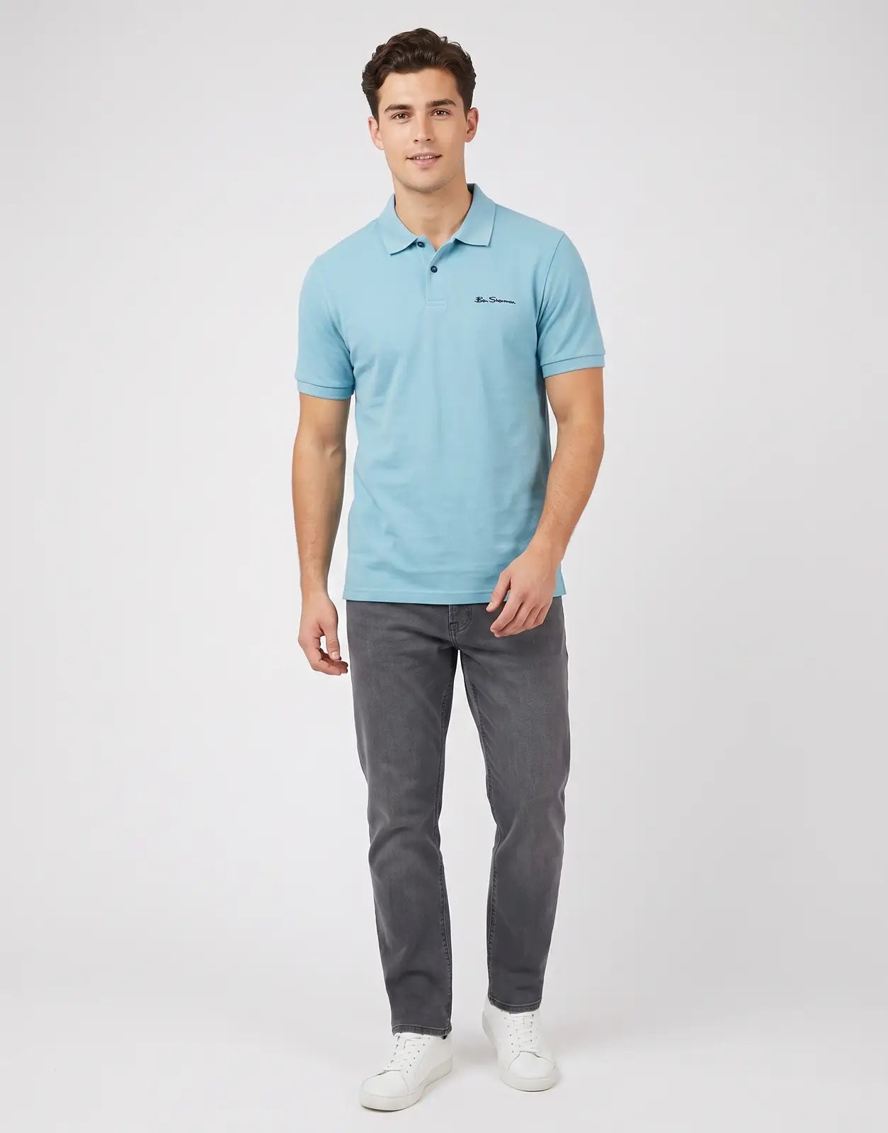 Men's Ben Sherman Ben Polo Retro T-Shirt in light blue, crafted from pique knit fabric with a classic collar and two-button