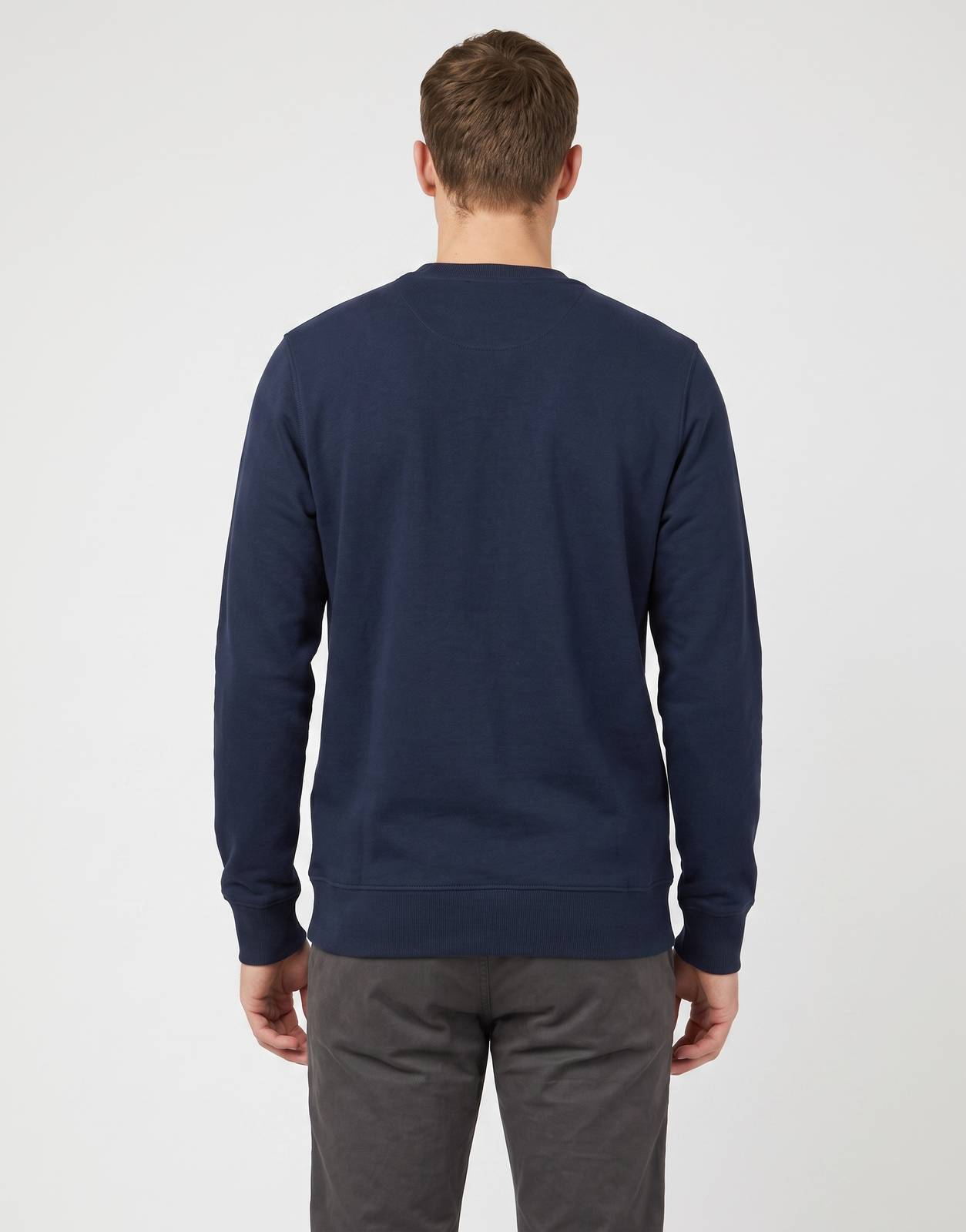 Men's Ben Sherman BS Bear Fur Navy Crew Sweatshirt, seen from the back. Features a classic crew neck and long sleeves in a