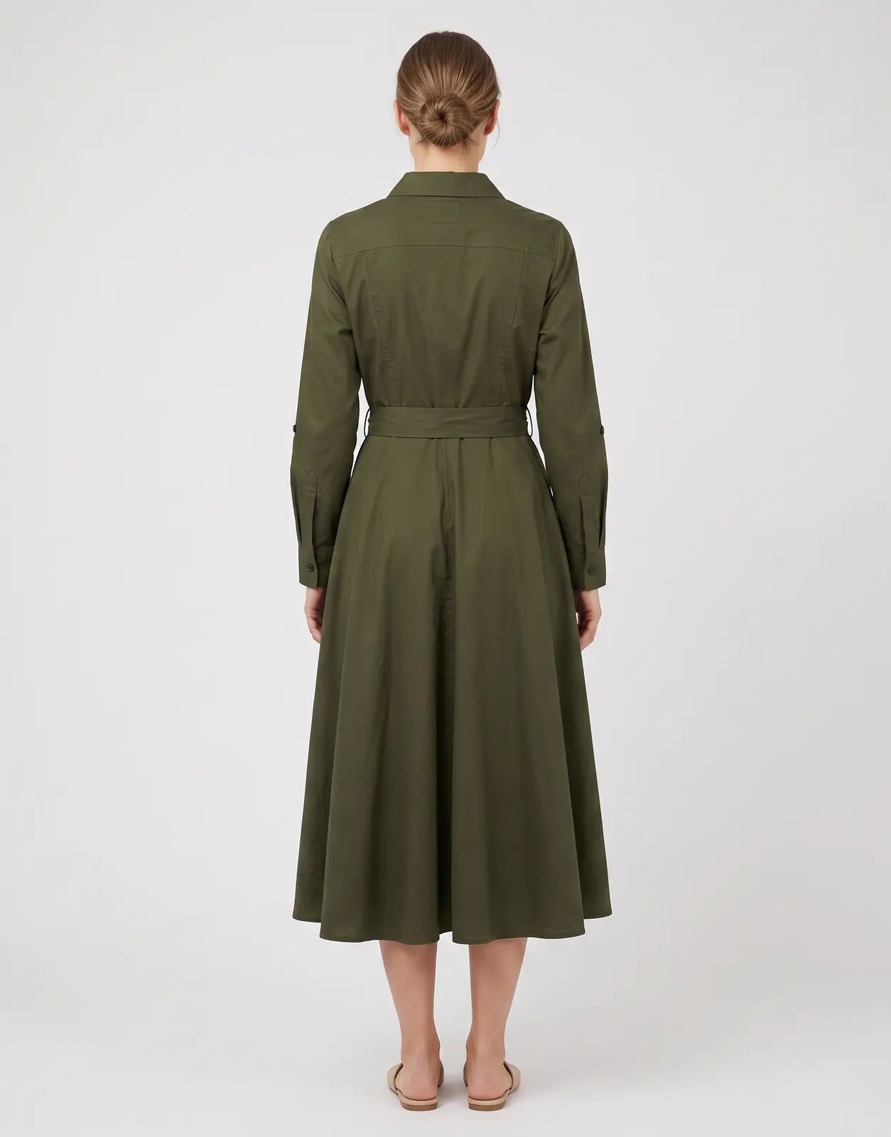 Ben Sherman Diana Fit & Flare dress in olive green, featuring a collared neckline, long sleeves, and a belted waist,