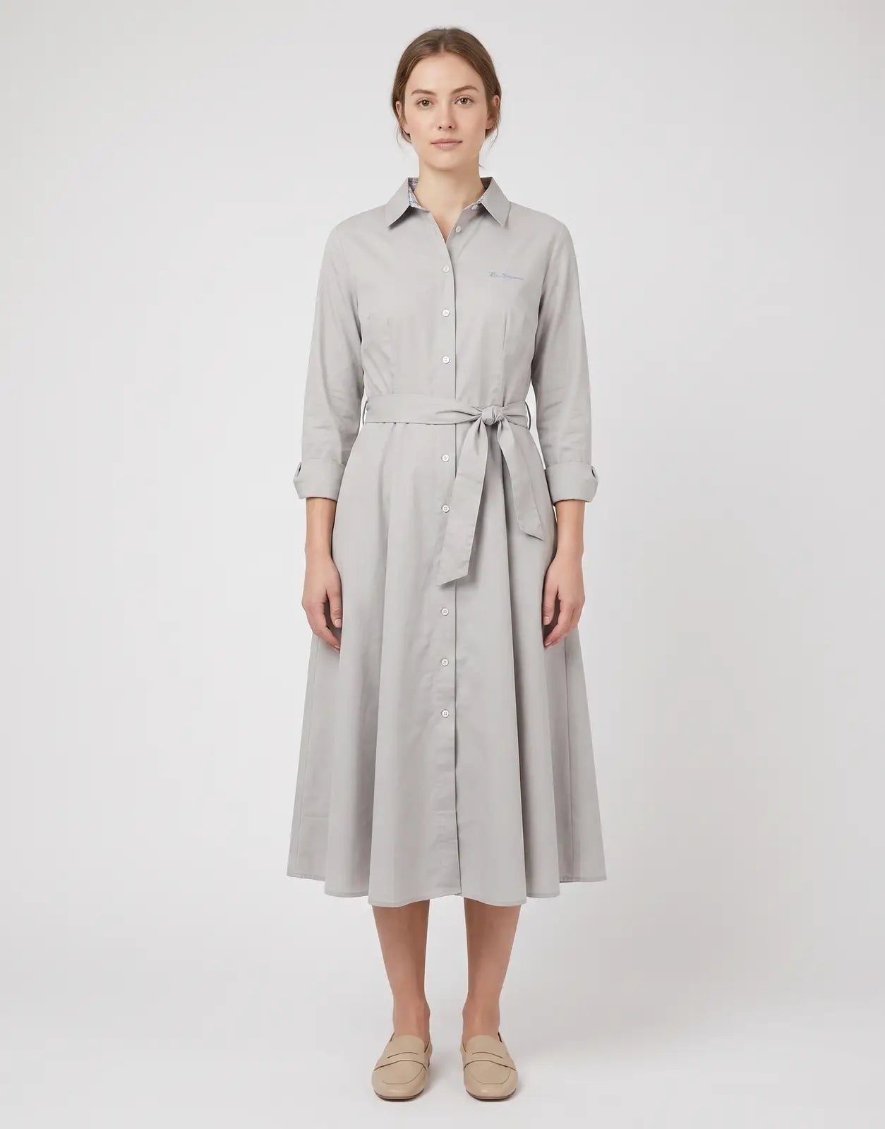 Ben Sherman Diana Fit & Flare dress in pearl grey, featuring a collared neckline, long sleeves, a button-front, and a
