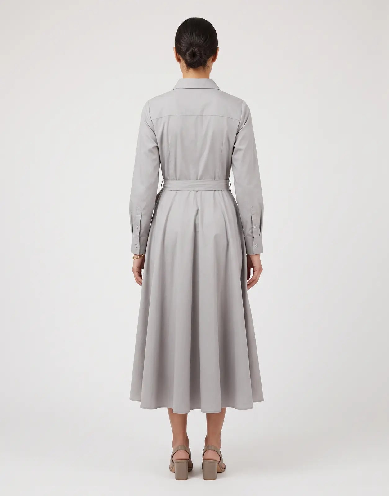 Ben Sherman Diana Fit & Flare dress in pearl grey, featuring long sleeves, a collared neckline, and a tie-waist, viewed from