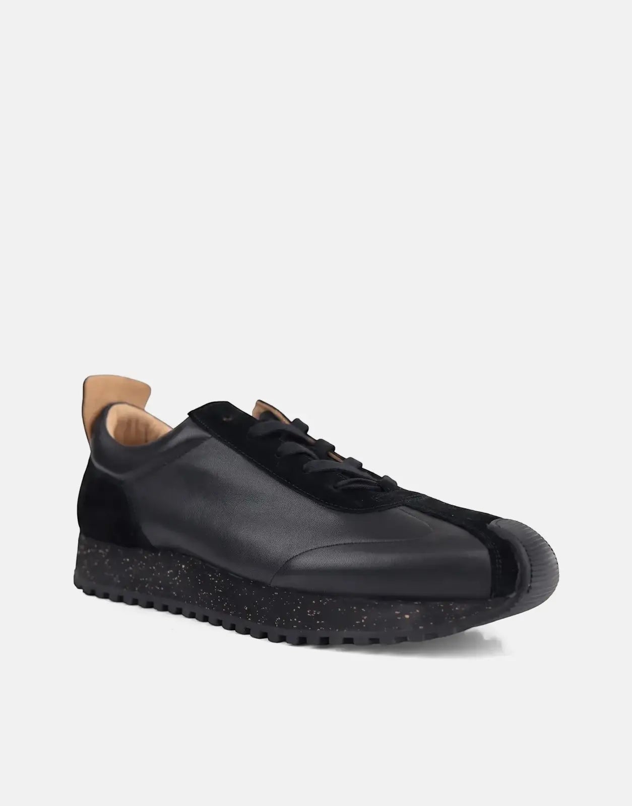 Ben Sherman Henry men's black leather and suede lace-up sneaker with speckled sole and tan heel tab, side view.