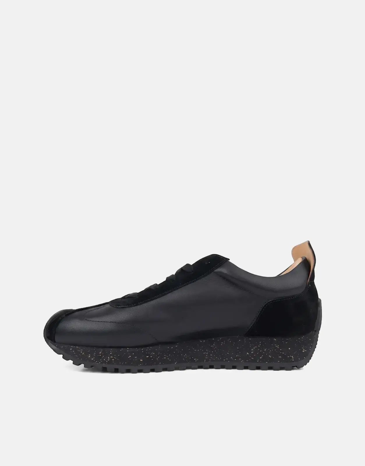Ben Sherman Henry men's black leather and suede lace-up sneaker in a side view with a speckled sole.