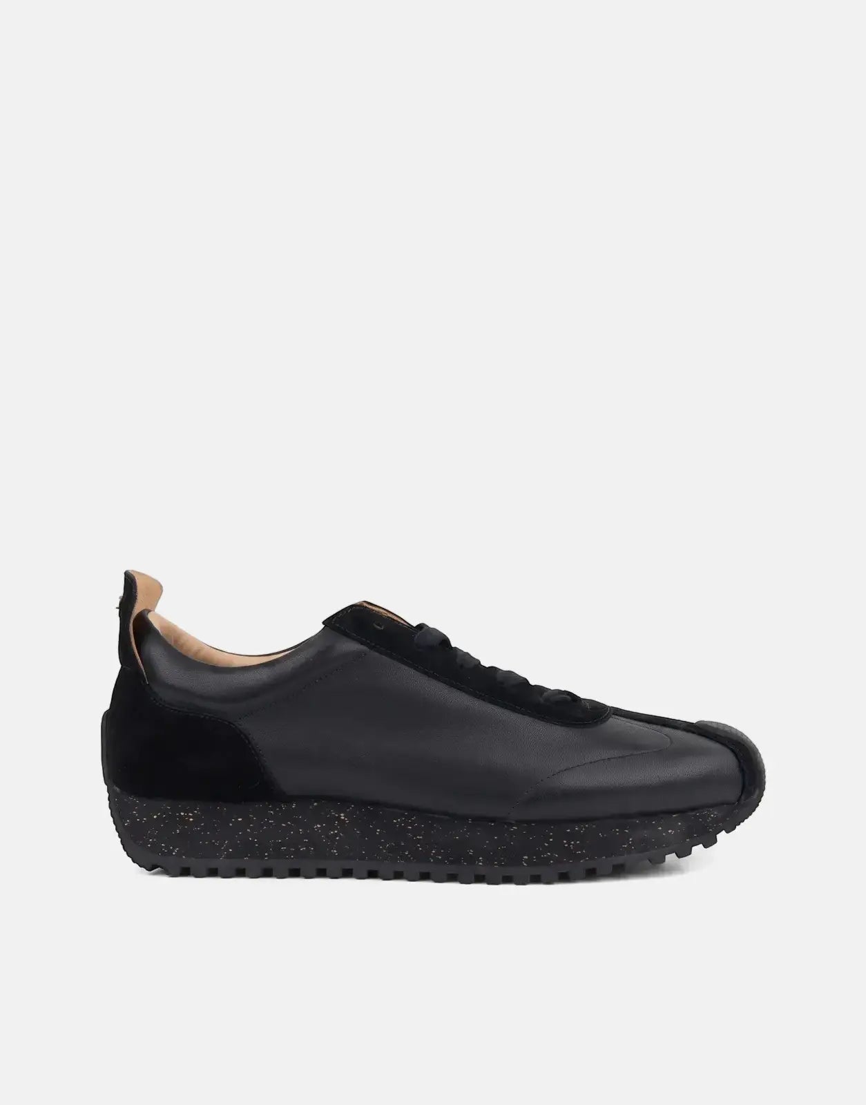 Ben Sherman Henry men's black leather and suede lace-up sneaker, shown in a side profile, featuring a speckled platform sole
