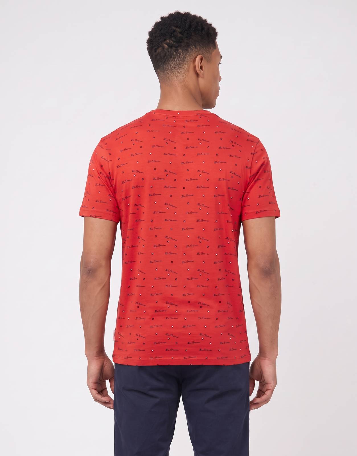 Men's Ben Sherman Tar Aop red t-shirt, featuring an all-over print design, shown from the back view.