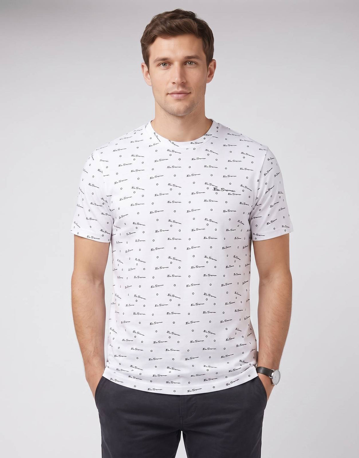 Men's Ben Sherman Tar Aop White T-Shirt featuring a distinctive all-over print design. Front view of a stylish casual tee.