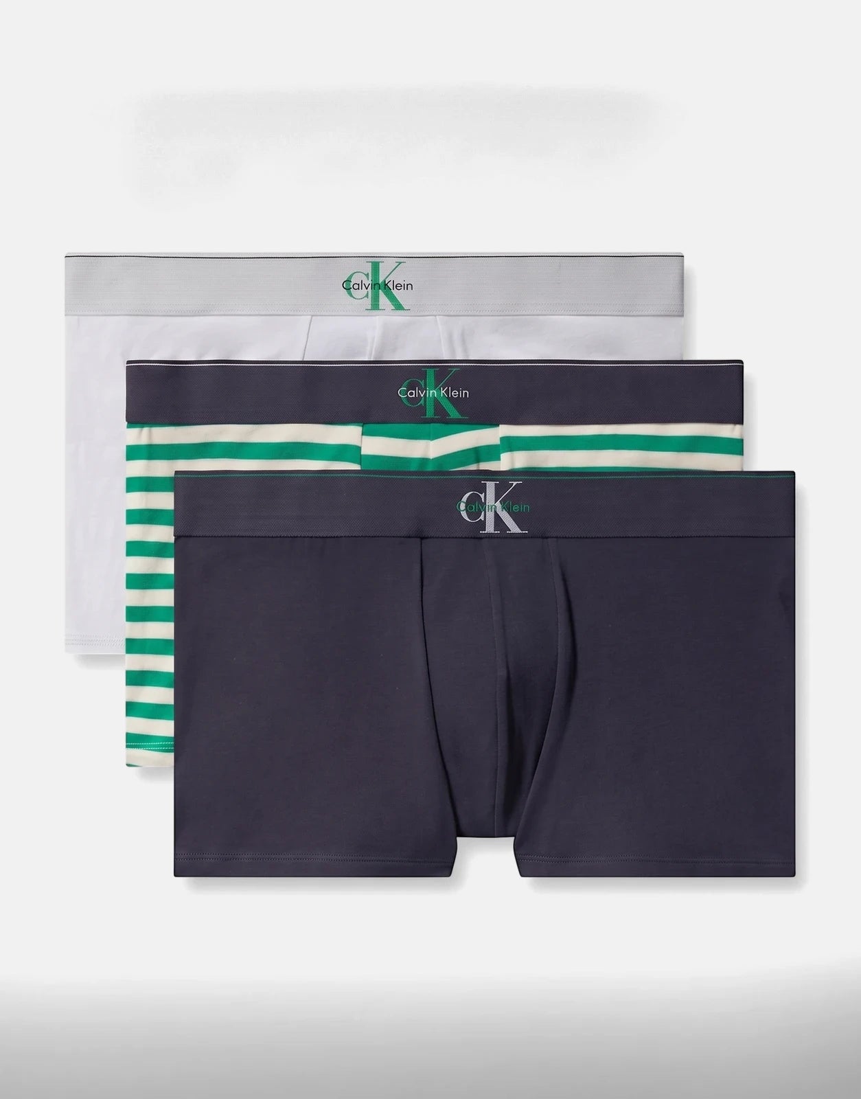 Calvin Klein 3 pack blue multi men's trunks made from soft cotton, featuring white, striped, and navy designs.