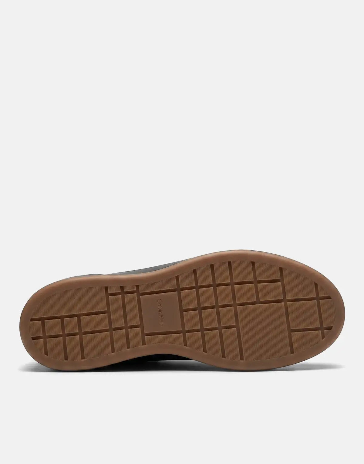 Bottom view of a Calvin Klein Basket Cupsole Oxford Laceup Black Sneaker, showcasing the brown rubber outsole with a