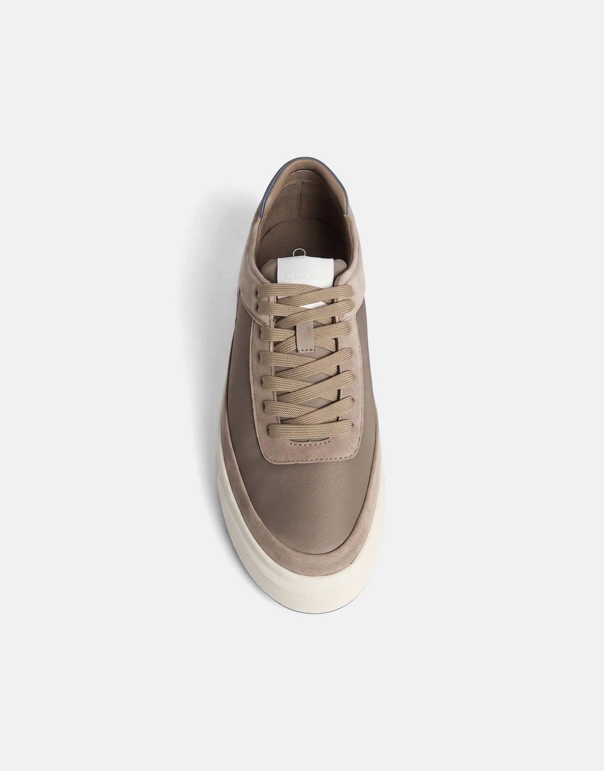 Calvin Klein Basket Cupsole Laceup Multi Sneakers in beige and brown, featuring a textured upper and white sole, viewed from