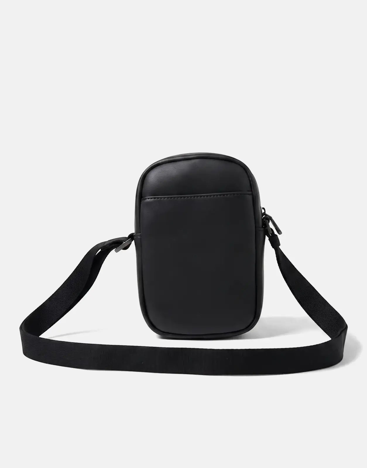 Calvin Klein Bold Slim Black Reporter Bag made from synthetic material, viewed from the front with its adjustable strap.