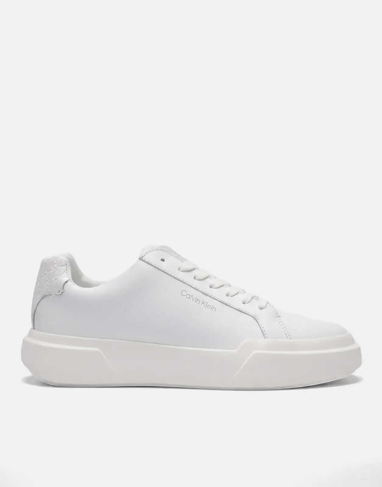 Calvin Klein Chunky Cupsole White Sneakers, side profile view, featuring a textured heel tab and classic white laces.