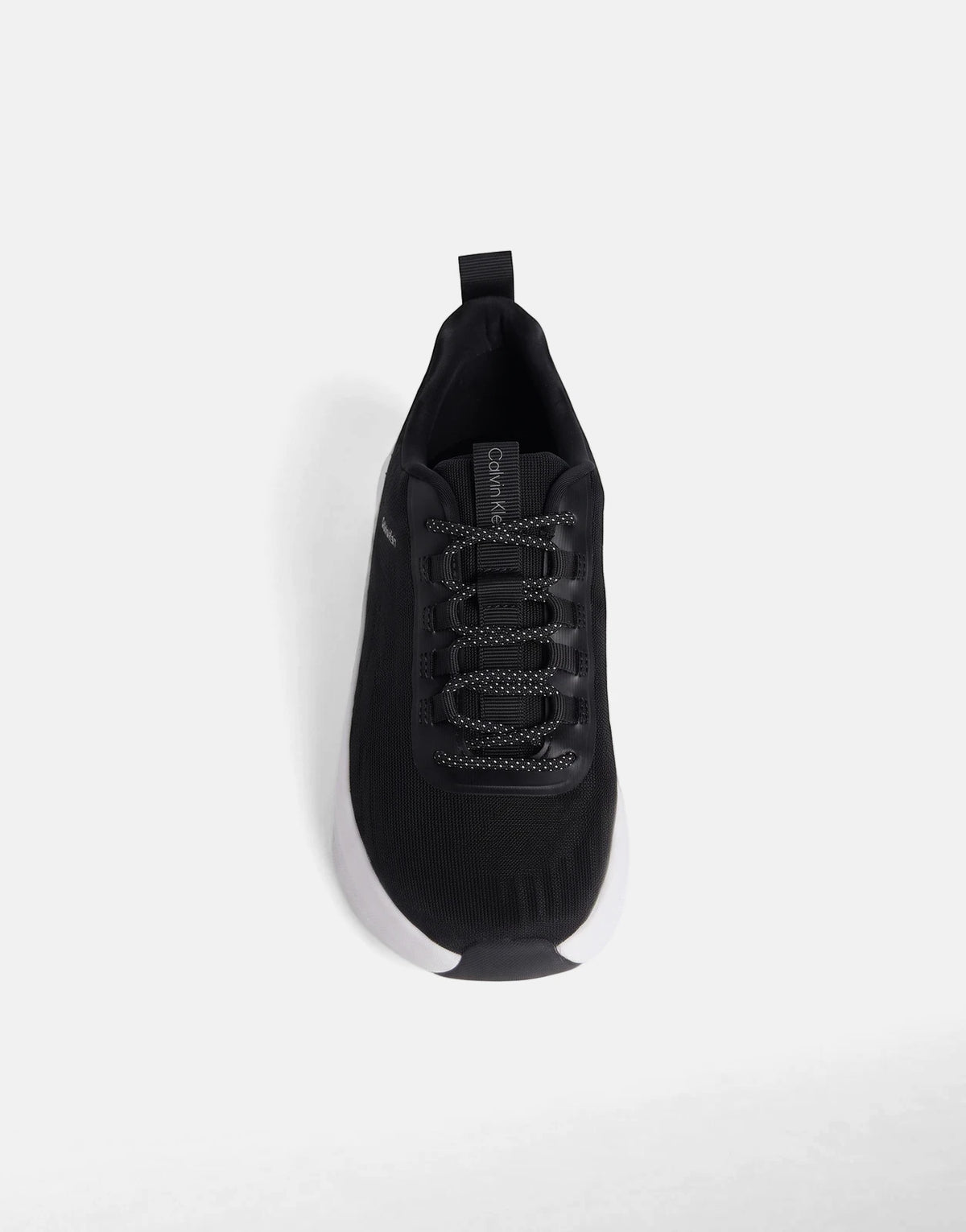 Black Calvin Klein Chunky Run Lacesock Stripe sneaker. Features knit upper, white sole, and black and white laces. Front