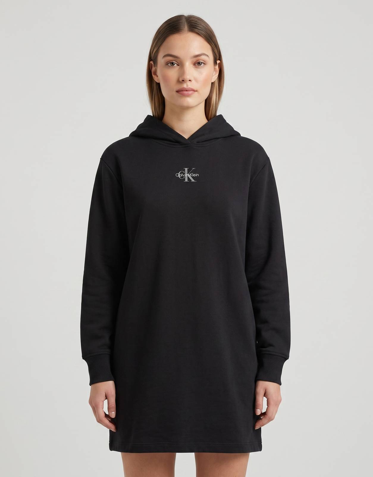 Calvin Klein black hoodie dress with small logo at chest, long sleeves, knee-length.