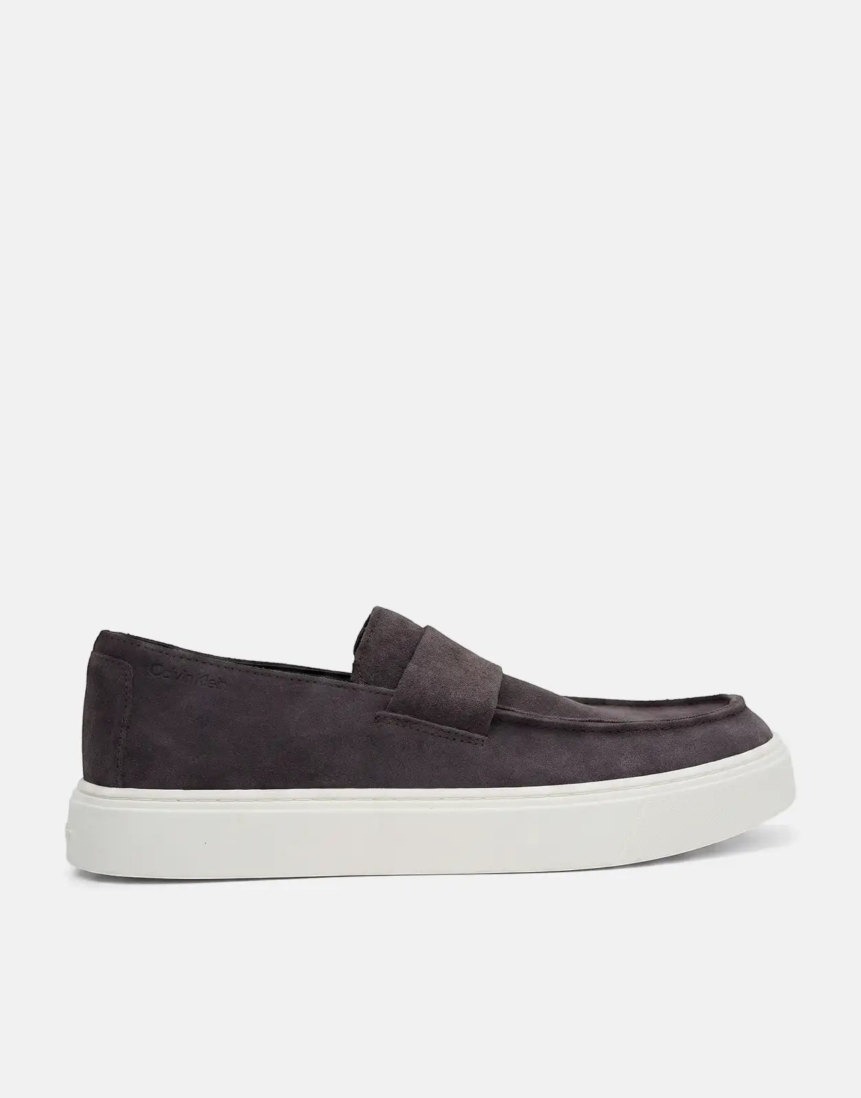 A single Calvin Klein Hybrid Clean Cup dark brown loafer, crafted from suede with a prominent white platform sole, displayed