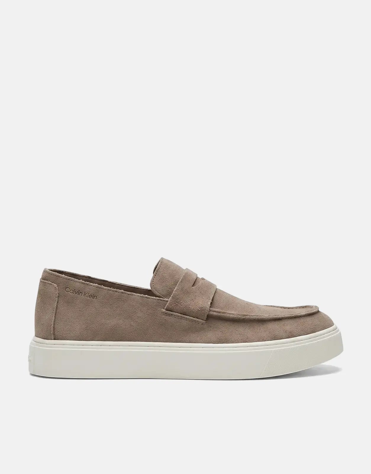 Calvin Klein Hybrid Clean Cup Taupe Loafer for men, featuring a suede upper and a chunky white platform sole.