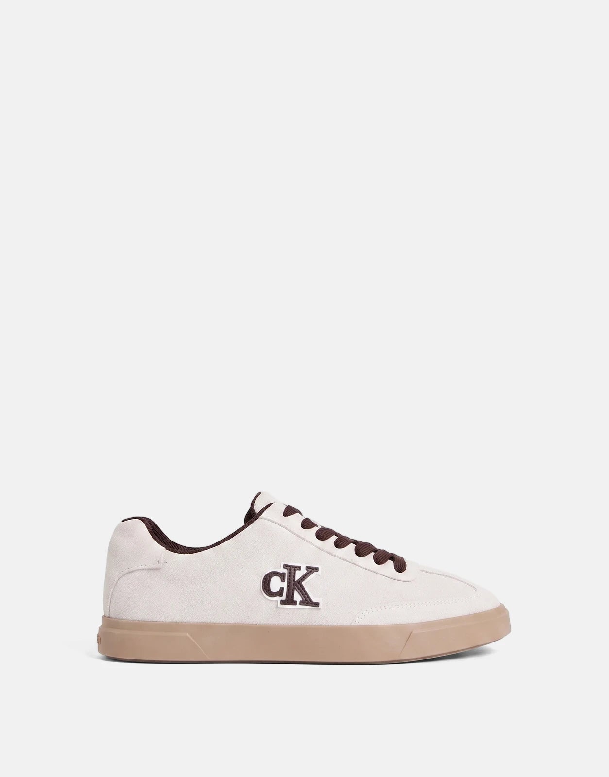 Calvin Klein Low Prof White Multi Cupsole Sneakers, presented in a side view with a white upper, brown laces, and a light
