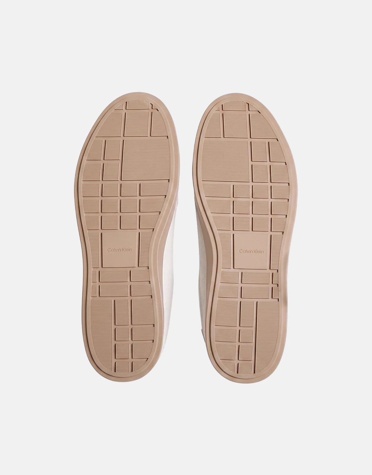 Calvin Klein Low Prof White Multi Cupsole Sneakers with beige rubber soles featuring geometric patterns, viewed from the