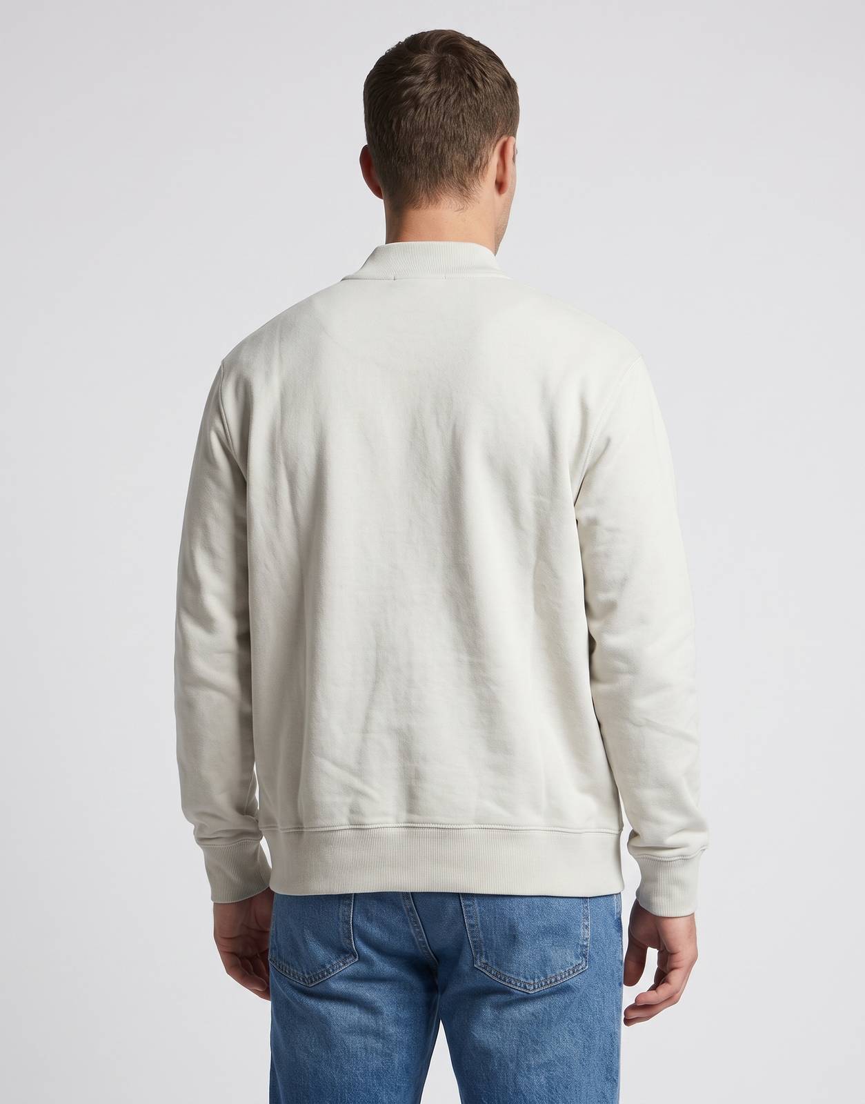Men's Calvin Klein Micro ML Quarter Zip white sweatshirt, viewed from the back, showcasing its soft material and relaxed fit.
