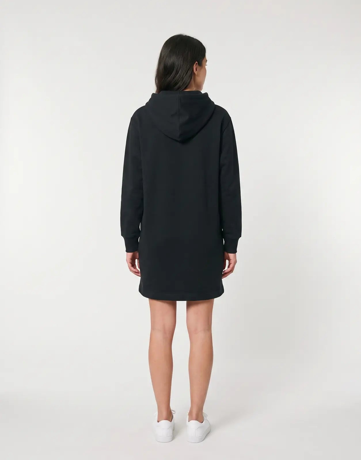 Black Calvin Klein ML hoodie dress, long-sleeve, viewed from the back, lying flat on a white surface.