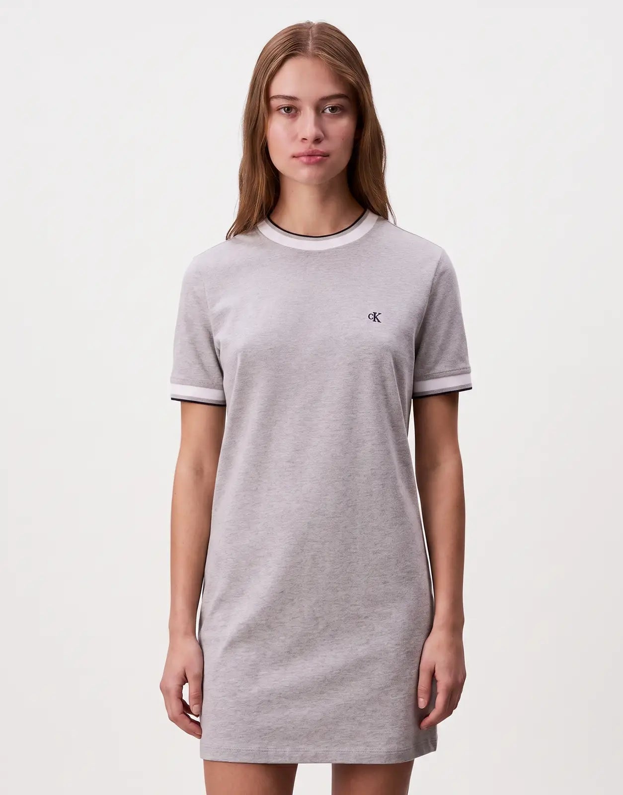 Calvin Klein Monogram Stripe Trim Mini Grey Heather Dress, a grey heather t-shirt dress with striped trim detail, front view.