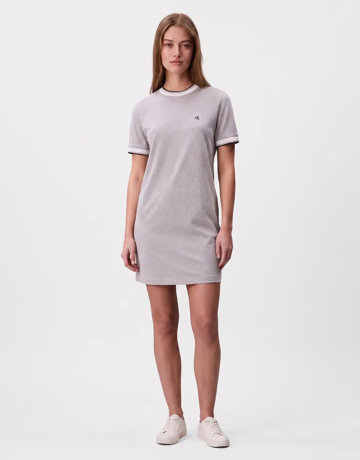 Calvin Klein Monogram Stripe Trim Mini Grey Heather Dress on a female model, shown from the front.