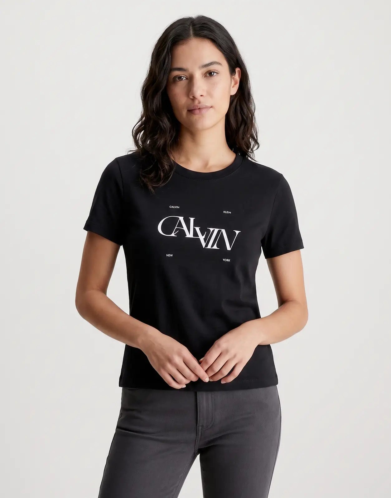 Calvin Klein Seasonal Graphic Black Slim T-Shirt featuring a white brand logo on the front.