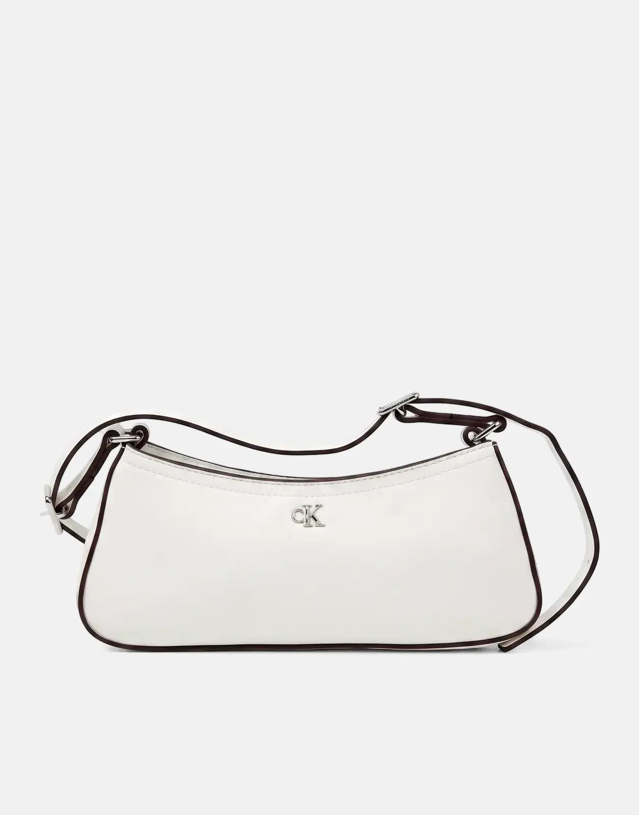 Calvin Klein small white shoulder bag made of smooth material with a silver CK logo, shown from a slightly elevated side