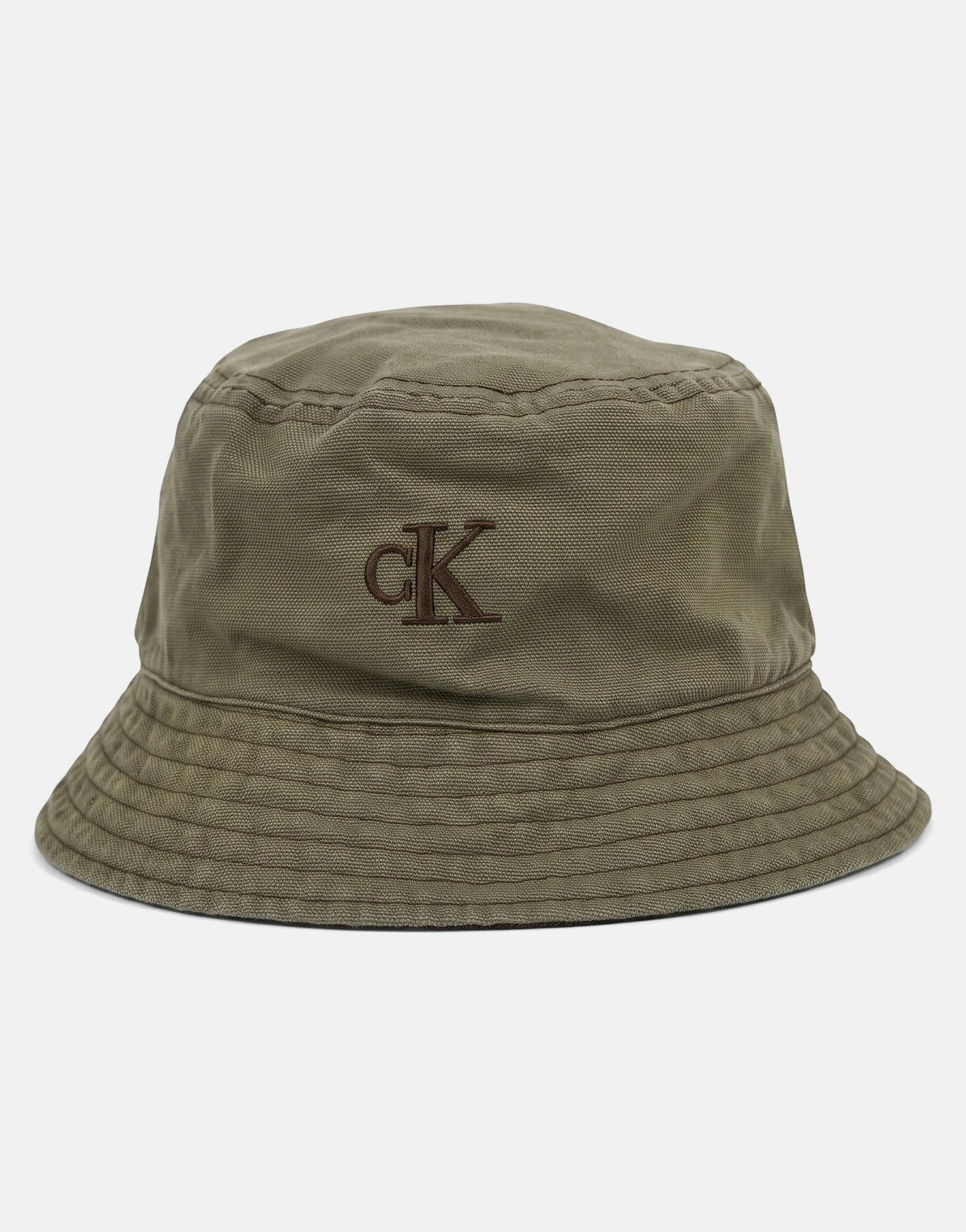 Green Calvin Klein washed canvas bucket hat, featuring an embroidered 'cK' logo, displayed from a front view.