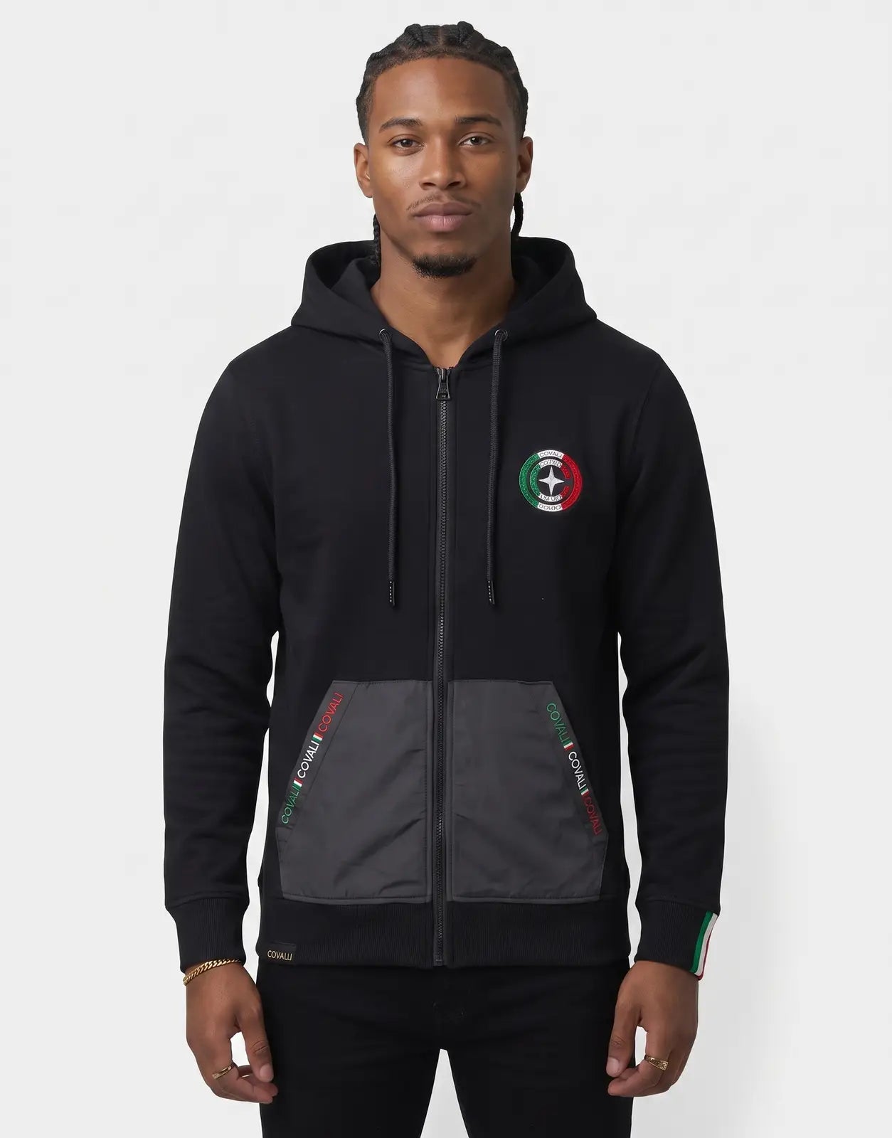 Covali Corvo black hoodie featuring a gray contrasting pocket panel and circular chest logo, zip front, and drawstring hood
