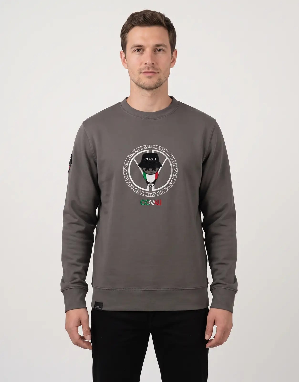 Covali Italiano-S Sweatshirt for men in dark grey, featuring a crewneck and long sleeves, with an Italian flag-themed logo