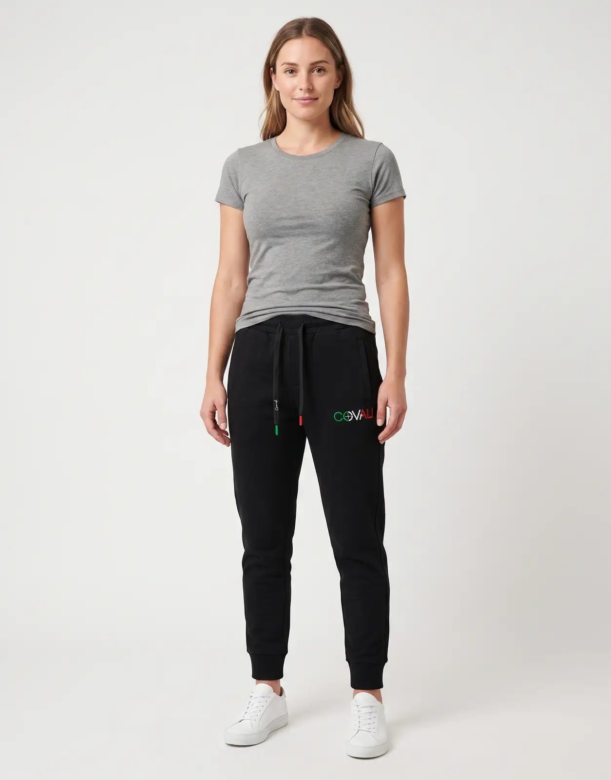 Black Covali Italiano-Sp Sweatpants featuring a drawstring waist with green and red tips and an embroidered COVALI logo.