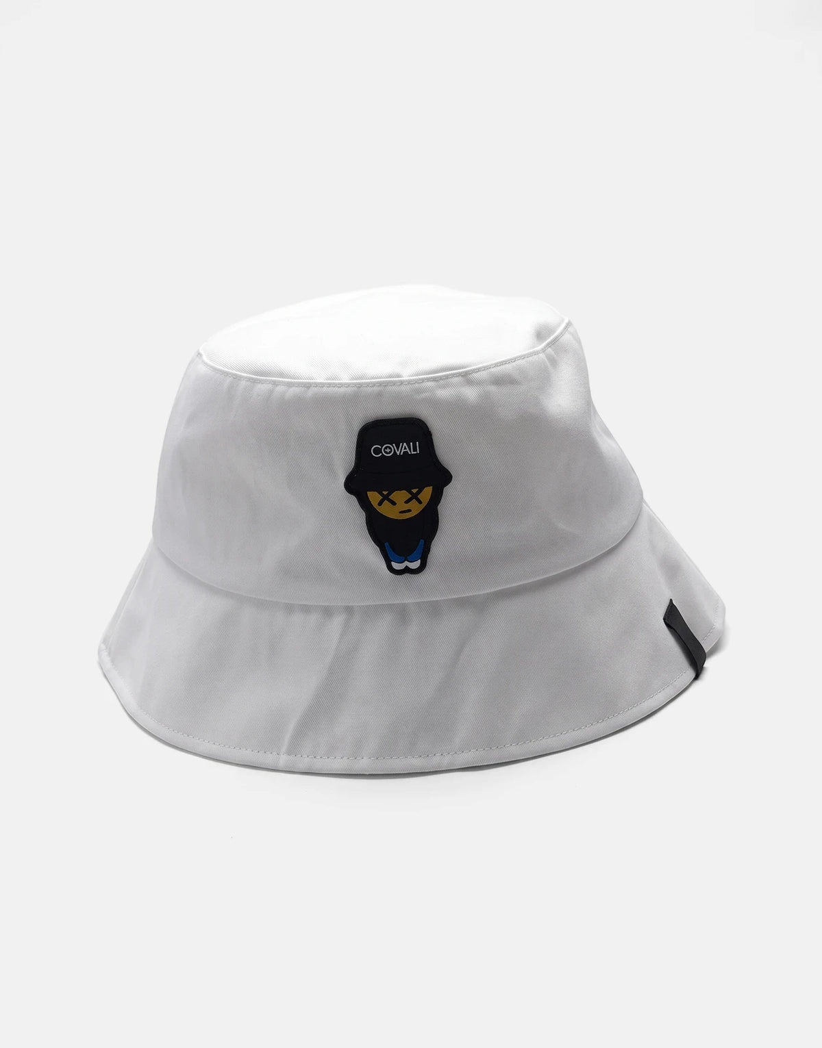 Covali Tipo White Bucket Hat made from smooth fabric, featuring a distinctive black and yellow logo, shown at a slight angle.
